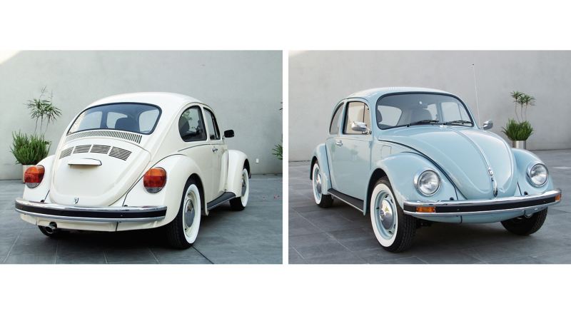 Two Volkswagen Beetles produced in Mexico side by side showing rear 3/4 and front 3/4 views.