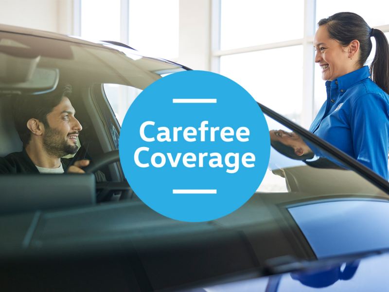 A blue circular logo depicts the Carefree Coverage program. With a woman and man in the background.