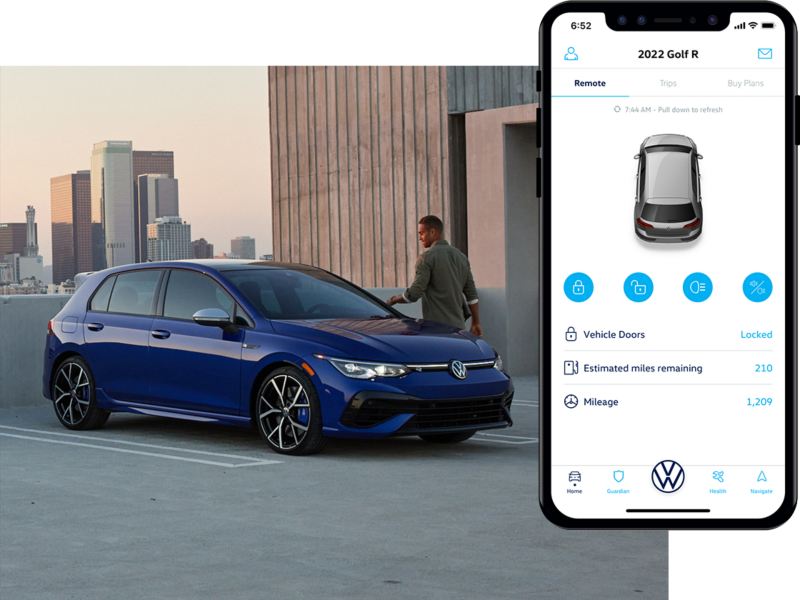 A man nears driver side, reaching to open the door of a Golf R shown in Lapiz Blue Metallic, that is parked on the top level of a parking garage. In the foreground, a VW Car-Net app interface is displayed on a compatible phone.