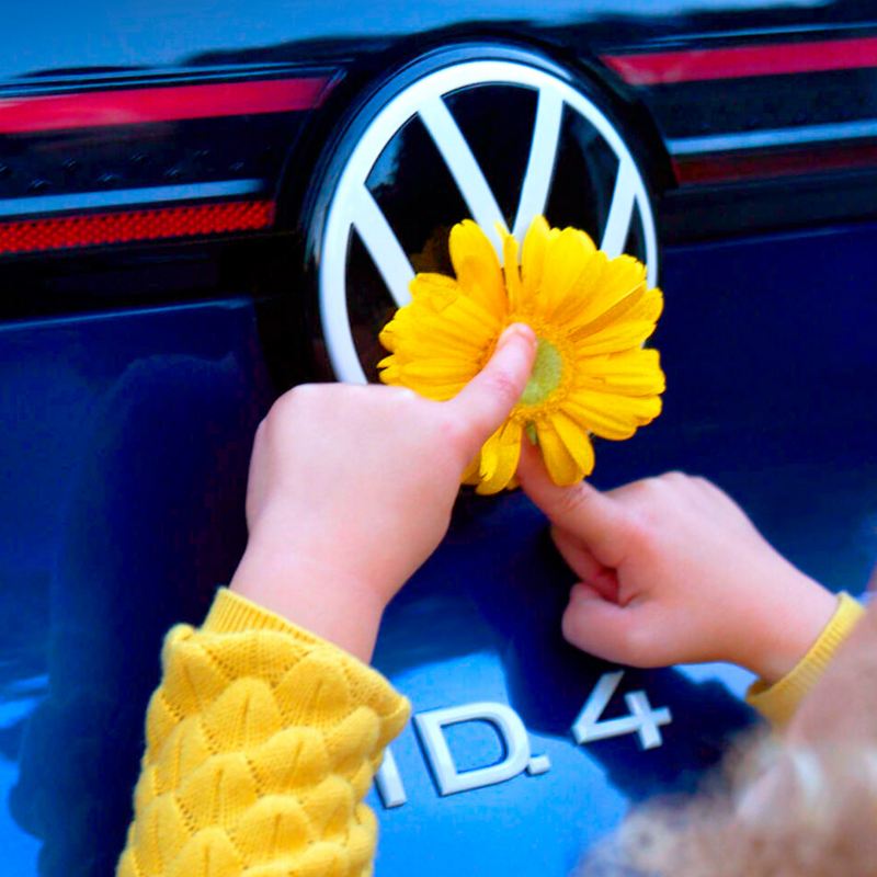 Un niño pequeño sostiene una flor sobre el logotipo de VW de un ID.4 en color Dusk Blue Metallic.