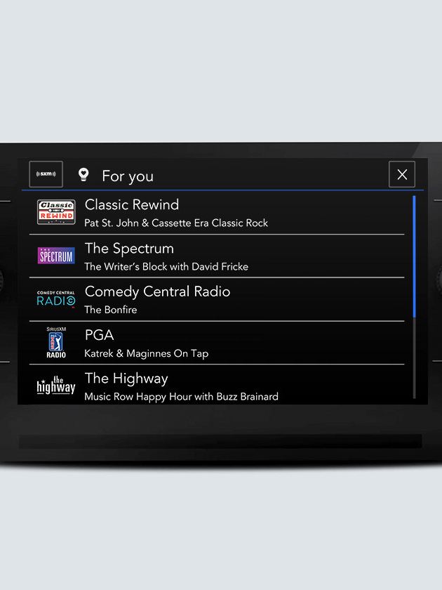 SiriusXM touchscreen interface showing For You options, based on your listening preferences and favorites.