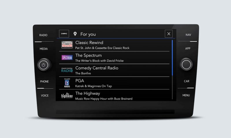 SiriusXM touchscreen interface showing For You options, based on your listening preferences and favorites.