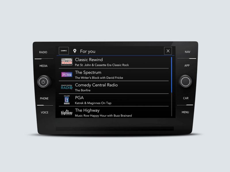 SiriusXM touchscreen interface showing For You options, based on your listening preferences and favorites.