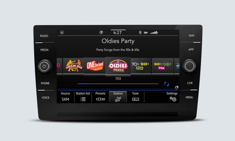 SiriusXM with 360L touchscreen interface showing channel options
