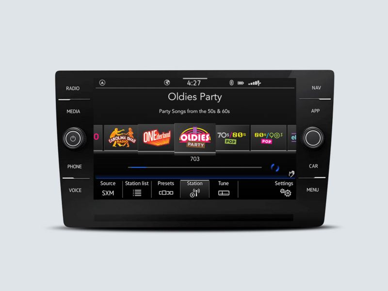 SiriusXM with 360L touchscreen interface showing channel options