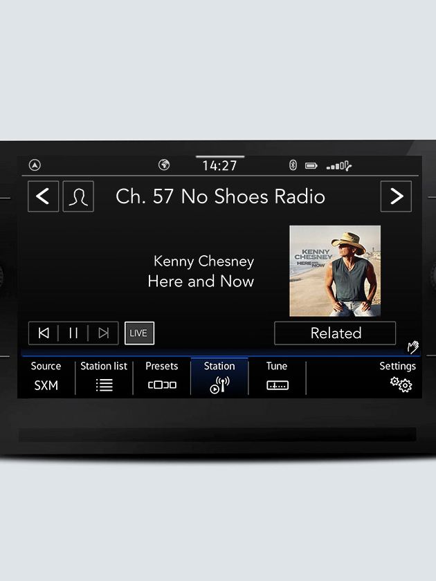 SiriusXM with 360L touchscreen interface showing the channel that is currently playing.