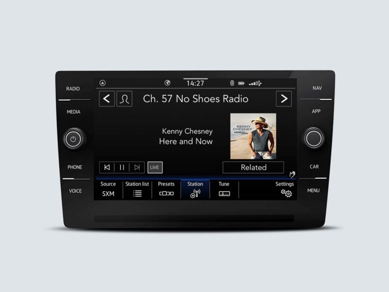 SiriusXM with 360L touchscreen interface showing the channel that is currently playing.
