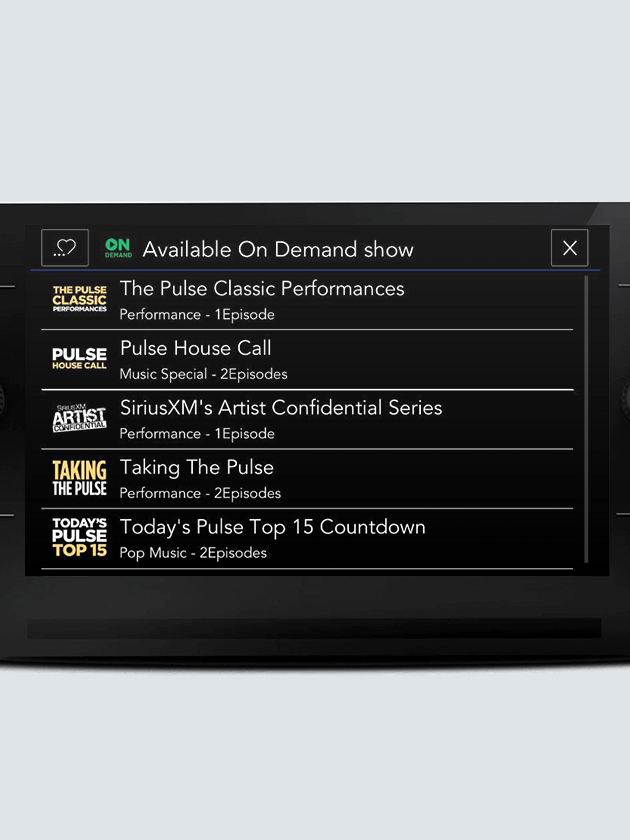 SiriusXM with 360L touchscreen interface showing Available On Demand options screen.