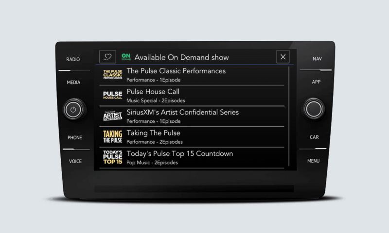 SiriusXM with 360L touchscreen interface showing Available On Demand options screen.