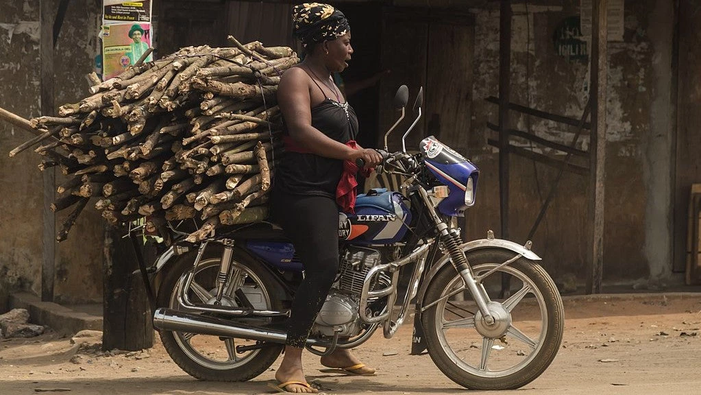 Woman transporting wood on her motorcycle (Okada) 
