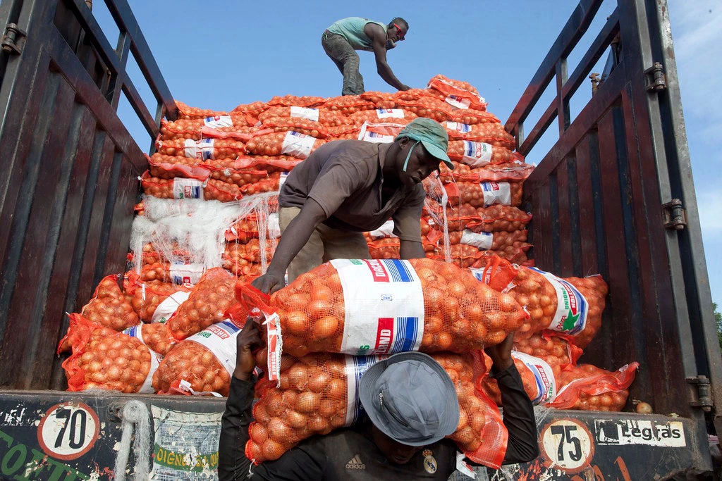 Boubacar Tebely (top) and Yaya Banou (center) unloads sacks of onions in a farmers market in Bamako, Mali on November 3, 2013. Photo © Dominic Chavez/World Bank
