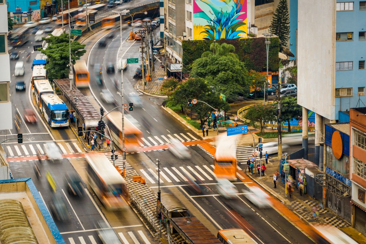 Intense traffic in the Consolacao avenue, Sao Paulo, Brazil. It shows the dynamics of the traffic in that busy spot.
