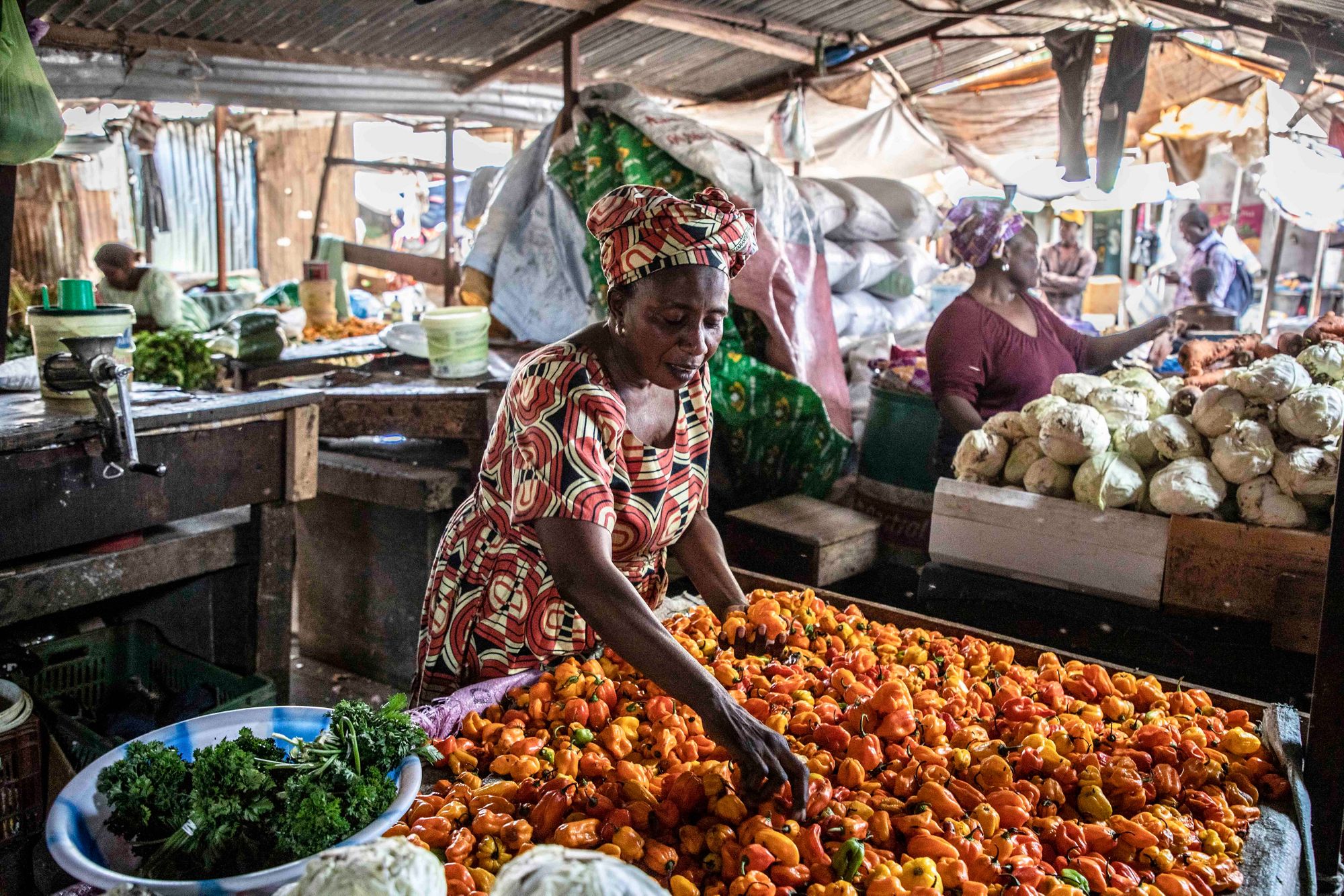 Ami Tunkara, vegetable vendor in the Royal Albert Market, the main urban market in the Gambia's capital, Banjul.