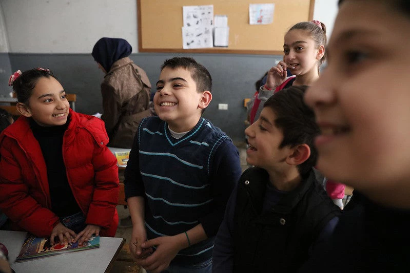 Students at the Second Bourj Hammoud Public School listen to their teacher while in class, in Beirut, Lebanon on March 23, 2016. Two-thirds of the students at the school are Lebanese and one-third of the students are Syrian.