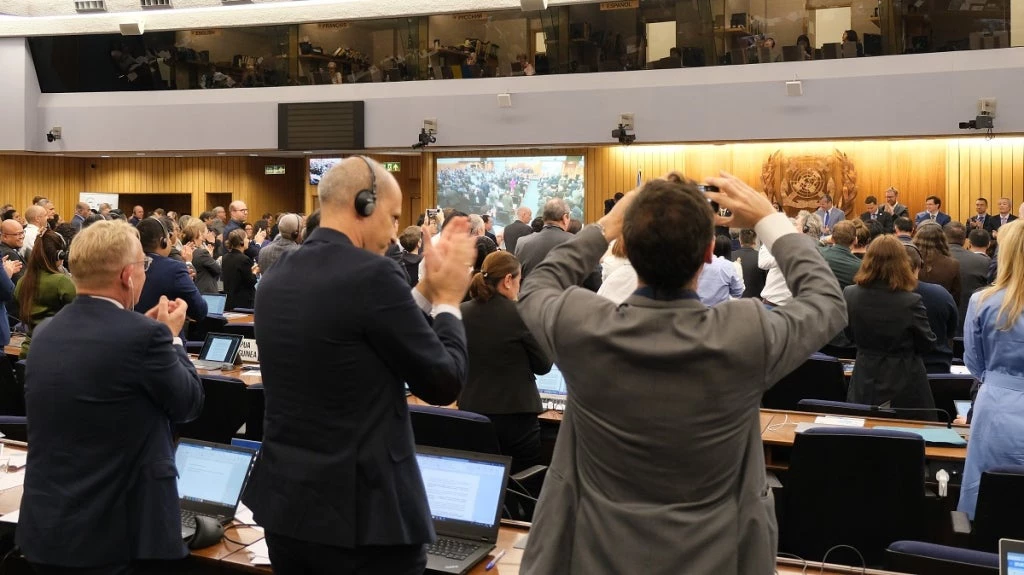 The moment when the 2023 IMO GHG Strategy was adopted by acclamation.