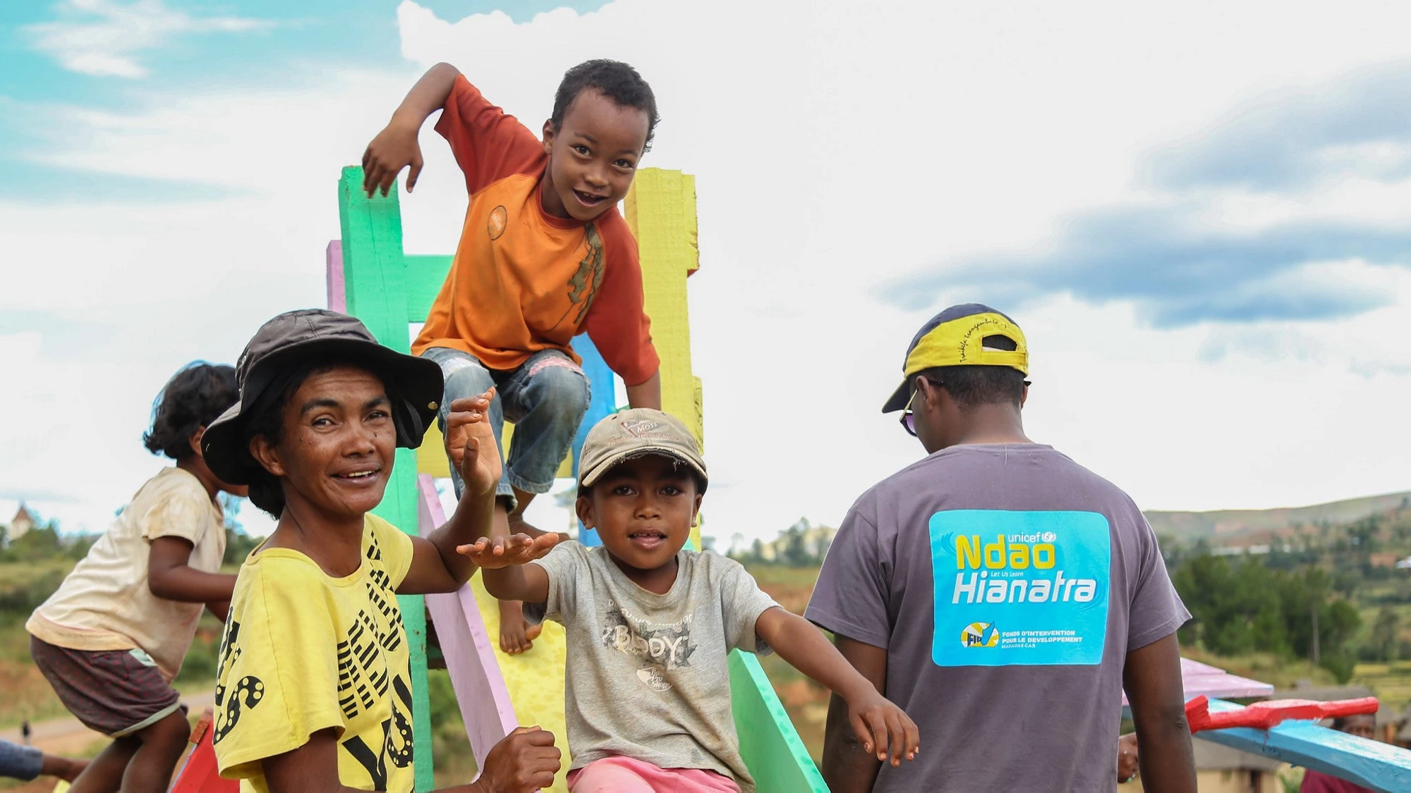 Children play on a newly constructed playground by the community nutrition site in the village of Soavina in Madagascar. Photo: World Bank / Sarah Farhat