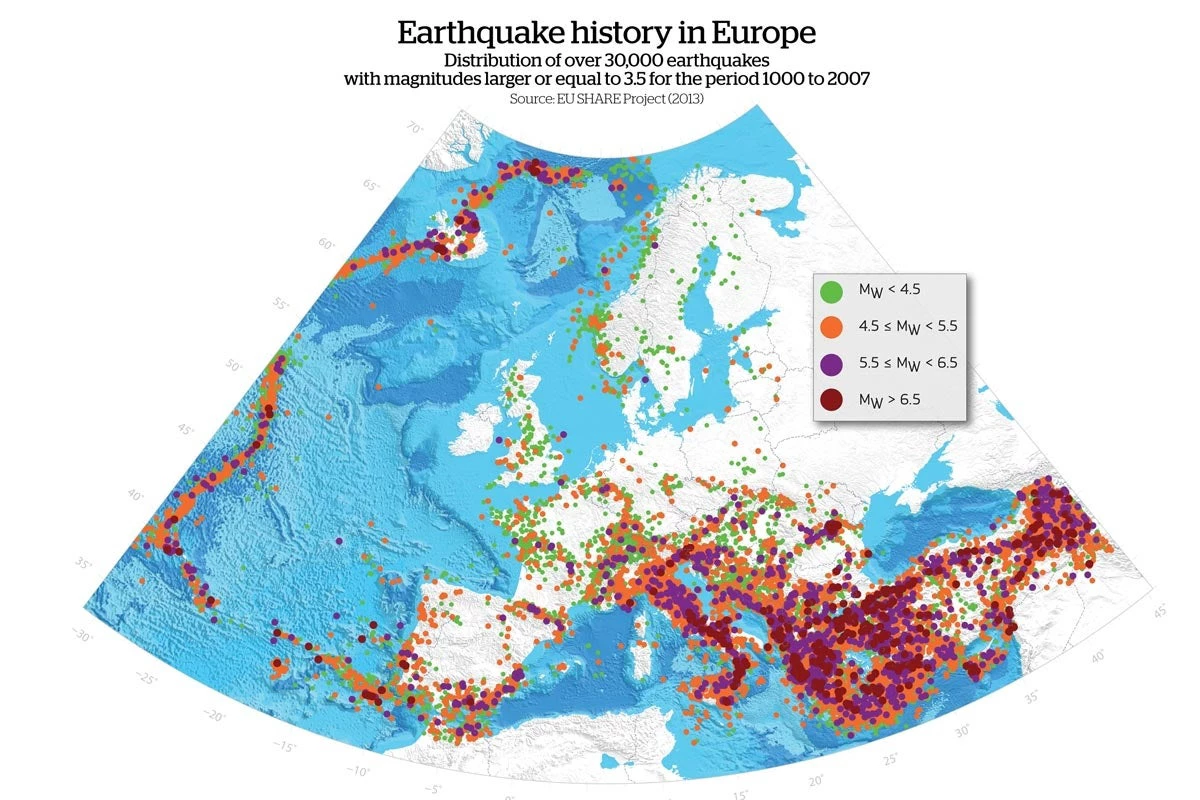 As part of the Global Earthquake Model (GEM), the EU-SHARE project (‘Seismic Hazard Harmonization in Europe’) generated the first regional seismic hazard model for Europe (including Turkey), overcoming the limitation of national borders. (EU-SHARE)