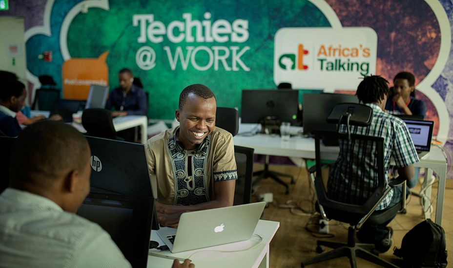Employees of AfricaÕs Talking working at their desks in Nairobi, Kenya on February 13, 2018. Photo © Dominic Chavez/International Finance Corporation       