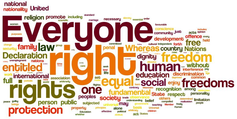 This is a word cloud of the Universal Declaration of Human Rights.  It gives a visual depiction of the frequency of words in the UDHR. The most prominent words are 
