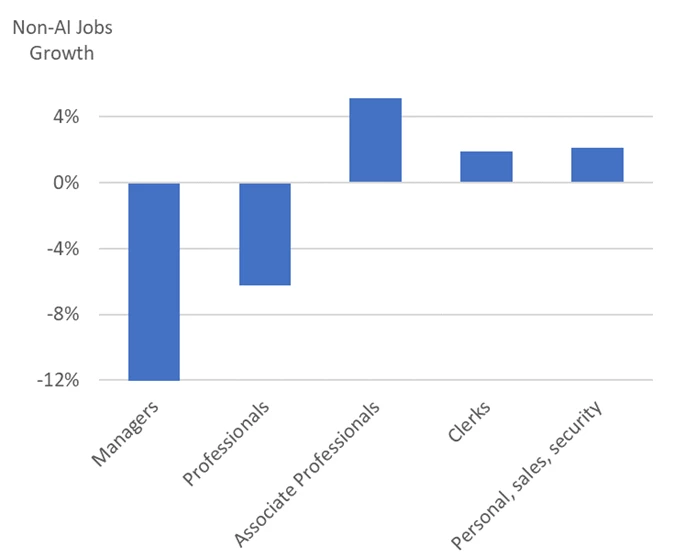 The chart shows the percentage point change in non-AI job adverts for a 1 per cent increase in AI job adverts.  Based on data that covers more than half of all Indian online job adverts