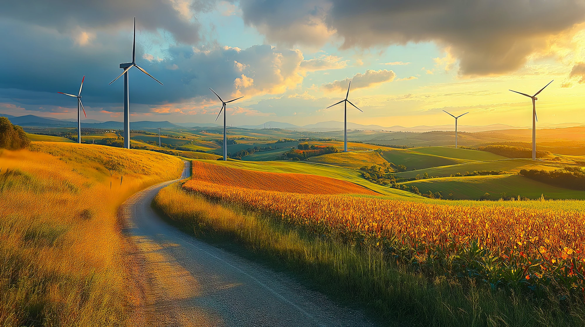 A striking image of wind turbines on a rolling hillside, with fields of crops in the foreground and the turbines turning slowly in the breeze, symbolizing clean energy.--ar 16:9 --ar 16:9 --style raw --stylize 750 --v 6.1 Job ID: e77f47af-d465-4861-80dd-eb07e53d042e