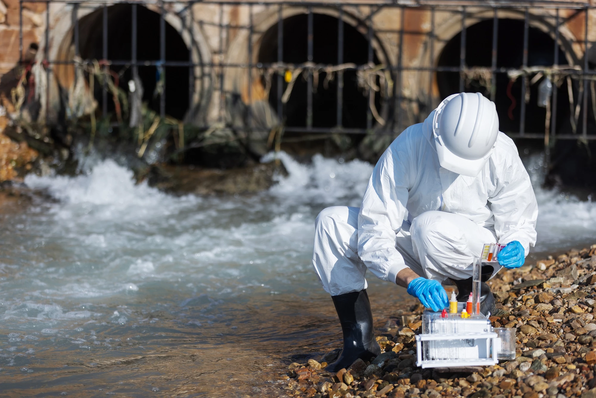 A scientist in full protective gear collects water samples from a drainage area for chemical testing. The scene highlights environmental inspection and pollution monitoring near industrial discharge.