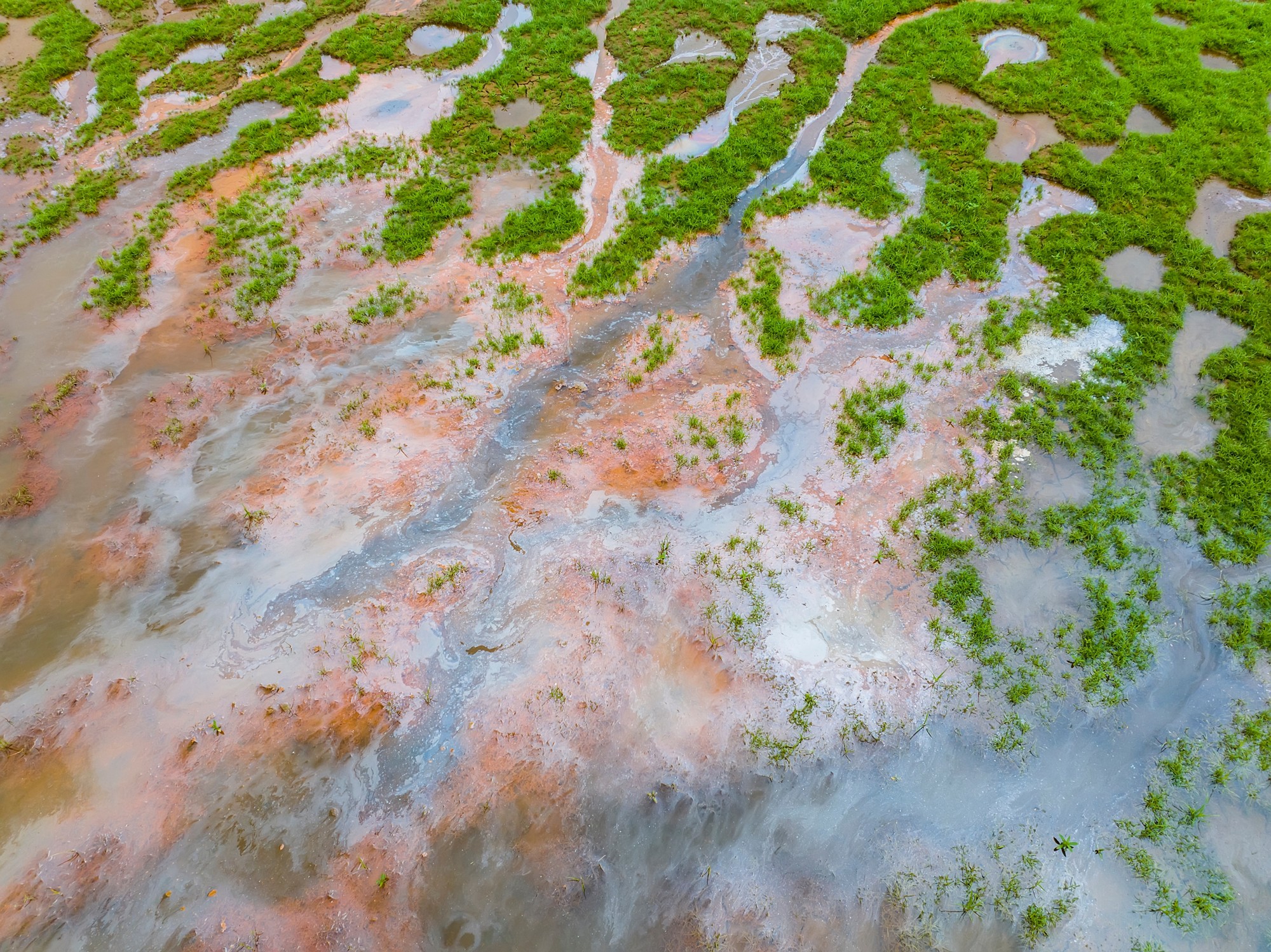 Emission of pollution by sewage from the city fall into the pond with green grass,Water pollution, environmental problems.