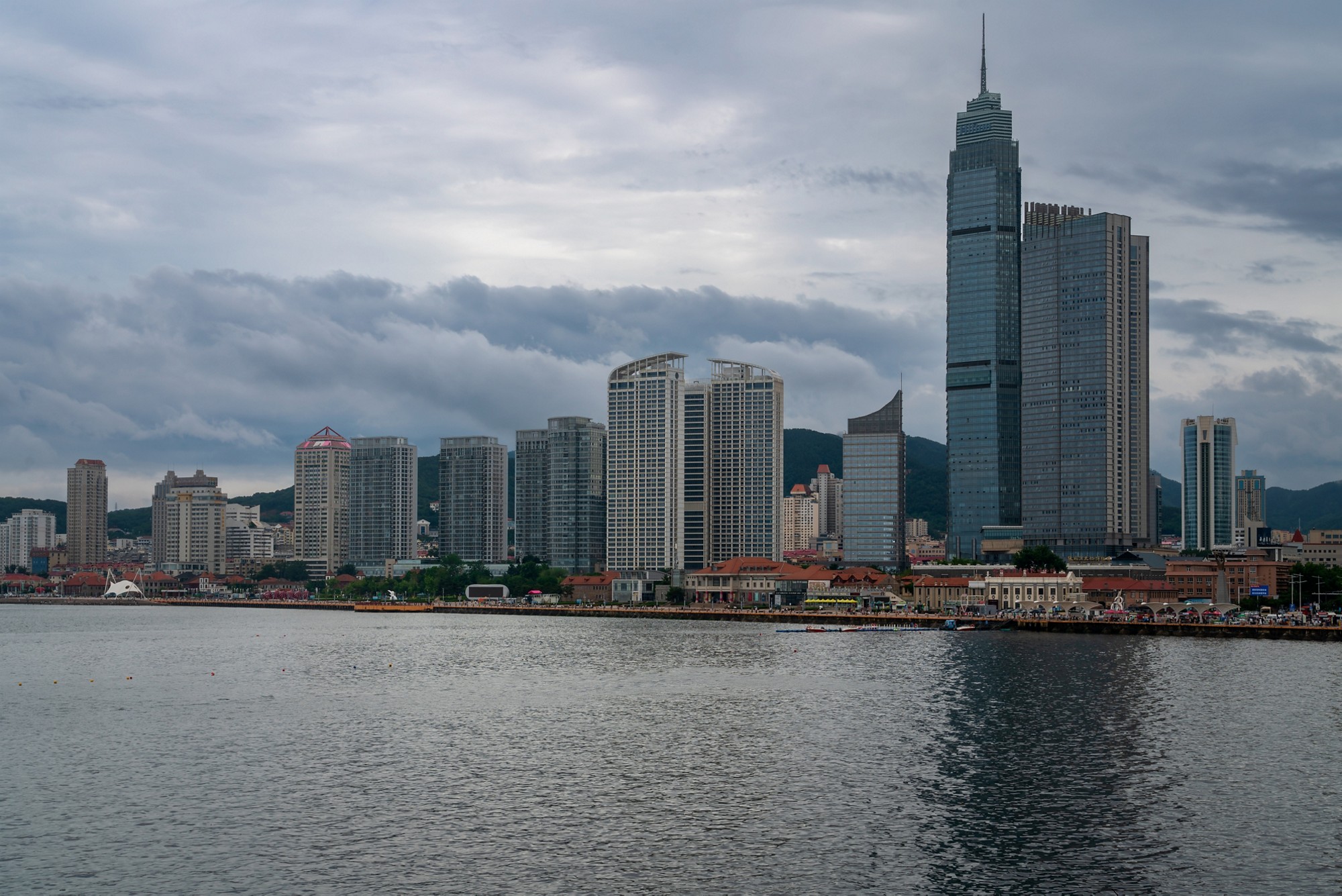 Yantai, Shandong, China, June 29, 2025: View of the Zhifu District on the shore of Bohai Bay in the Yellow Sea on a sunny summer day