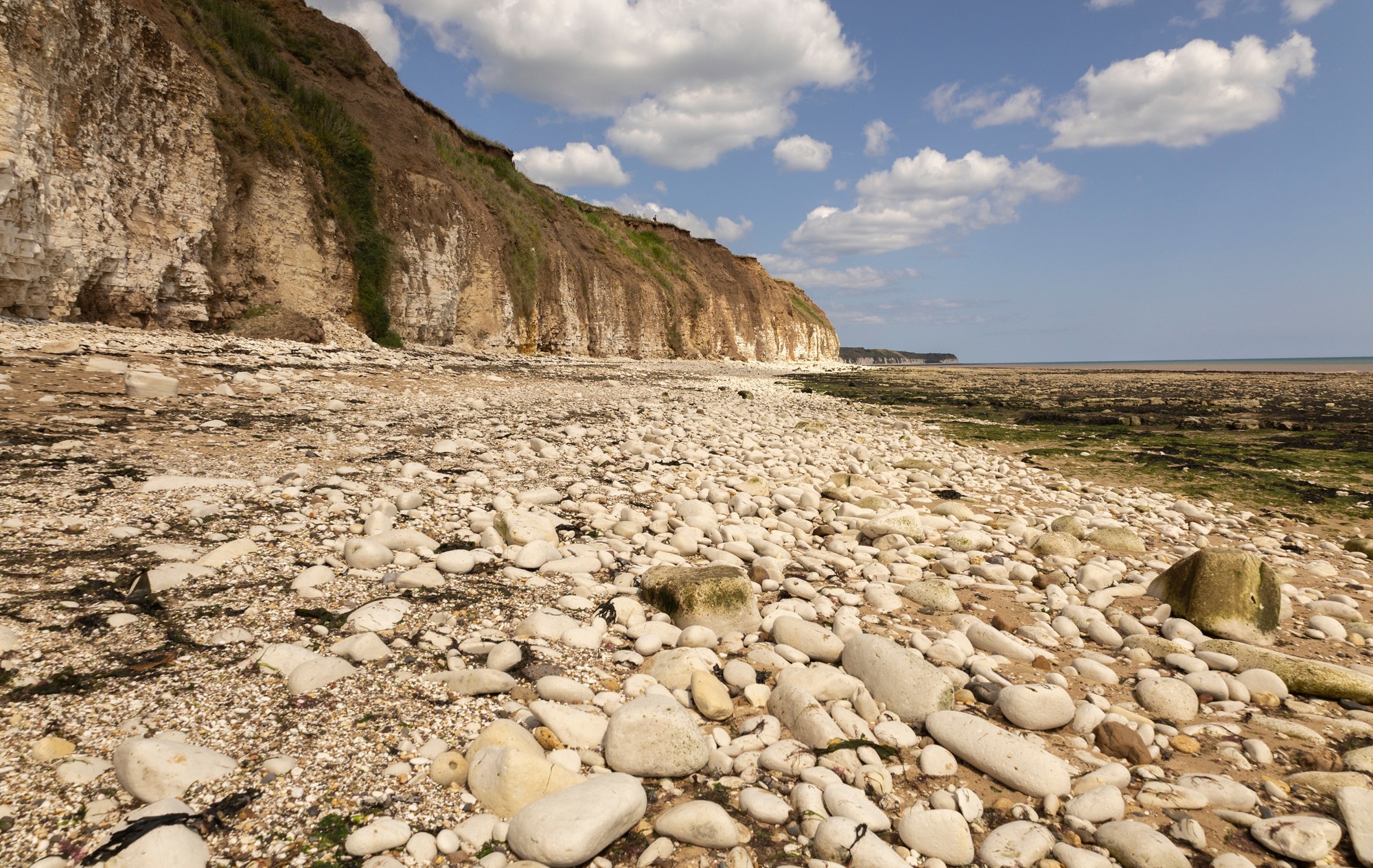 Rocky Coastline with Sandy Beach and Majestic Cliffs Under a Clear Sky