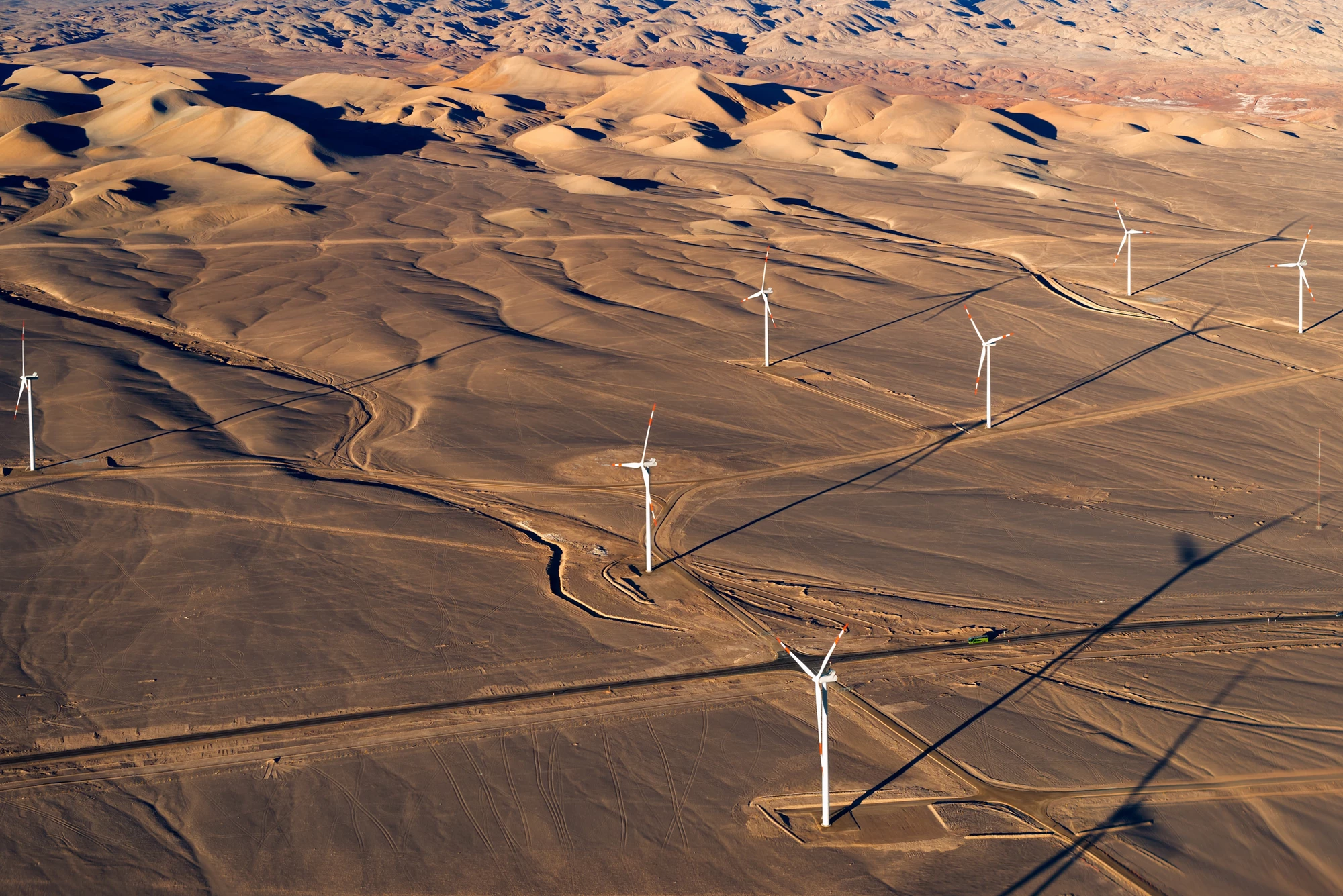 Aerial view of an Eolic park in the Atacama Desert outside the city of Calama, Chile
