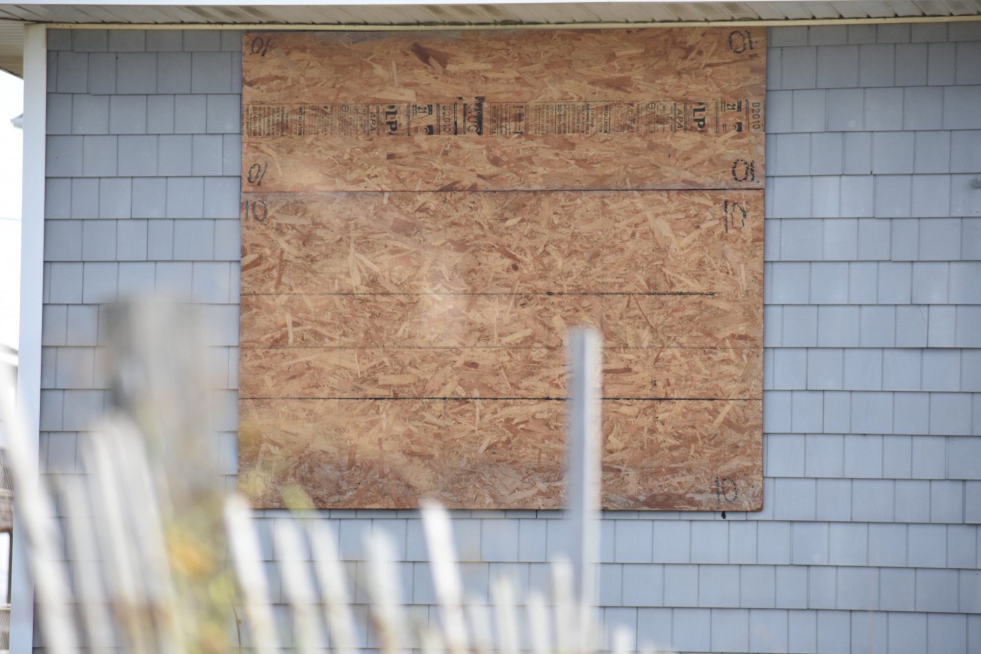 Boarded windows in preparation for hurricane