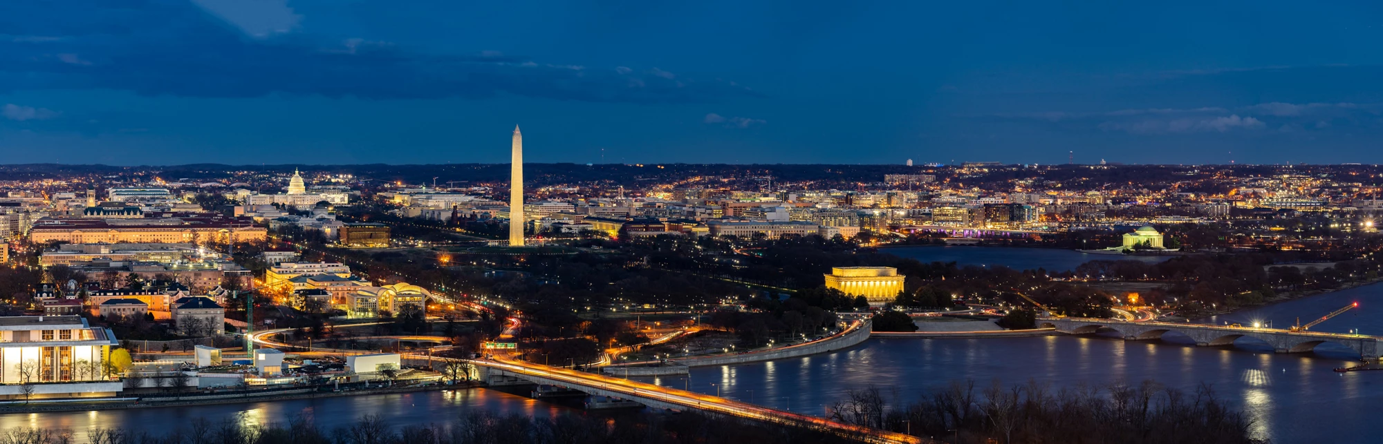 Panorama Aerial view of Washington DC cityscape from Arlington Virginia USA.