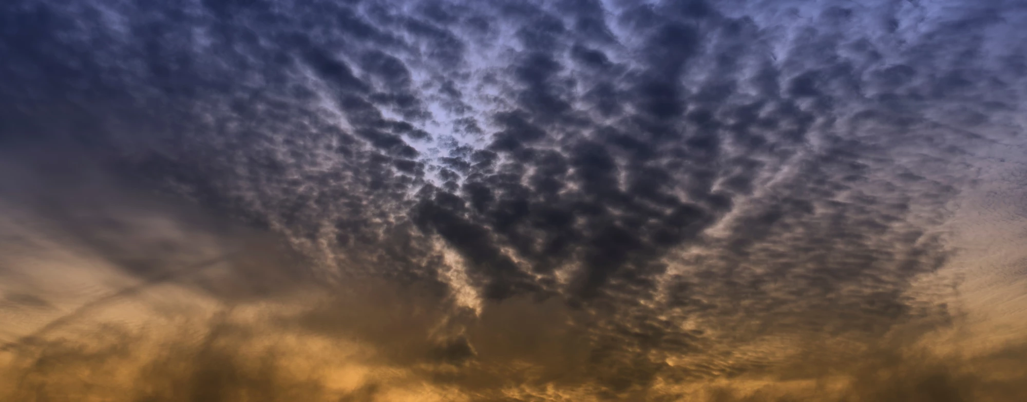Dramatic evening sky with interesting cloud structure. Color gradient from orange to dark blue. Interesting background with space for your design.