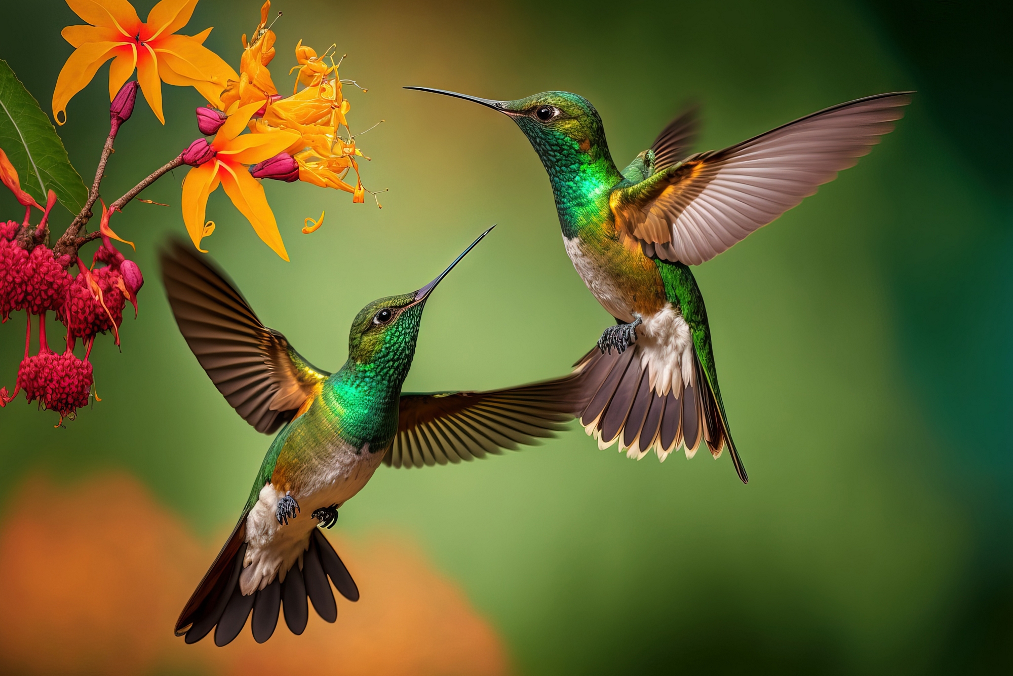 Two feeding birds in a natural habitat, Montezuma, Colombia White tailed Hillstar, Urochroa bougueri, two hummingbirds in flight by the ping flower, green and yellow background. Generative AI