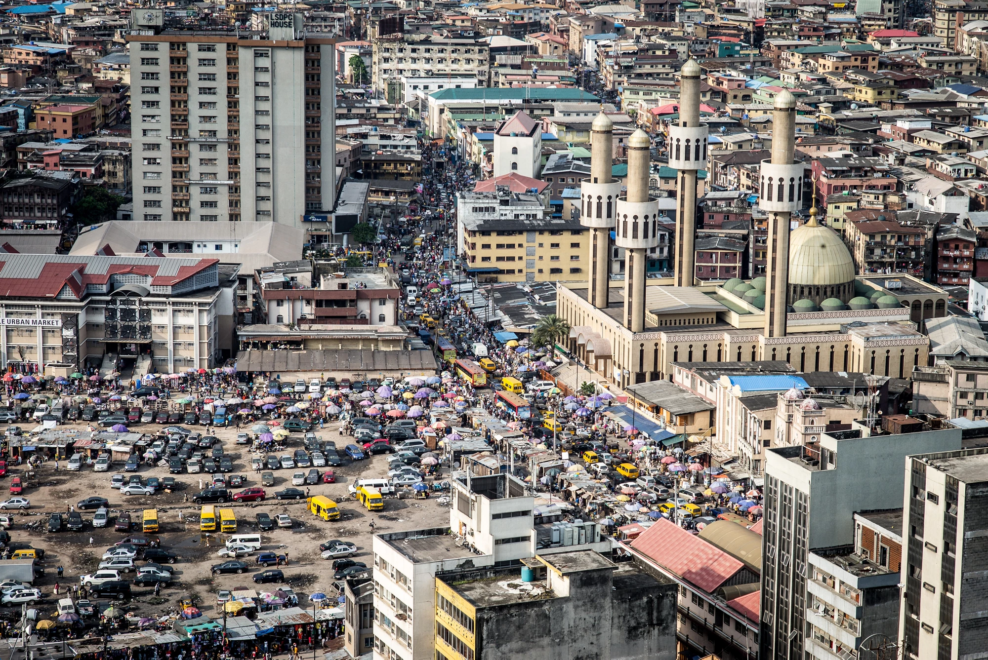 Aerial shot of traffic congestion on Lagos island, Nigeria