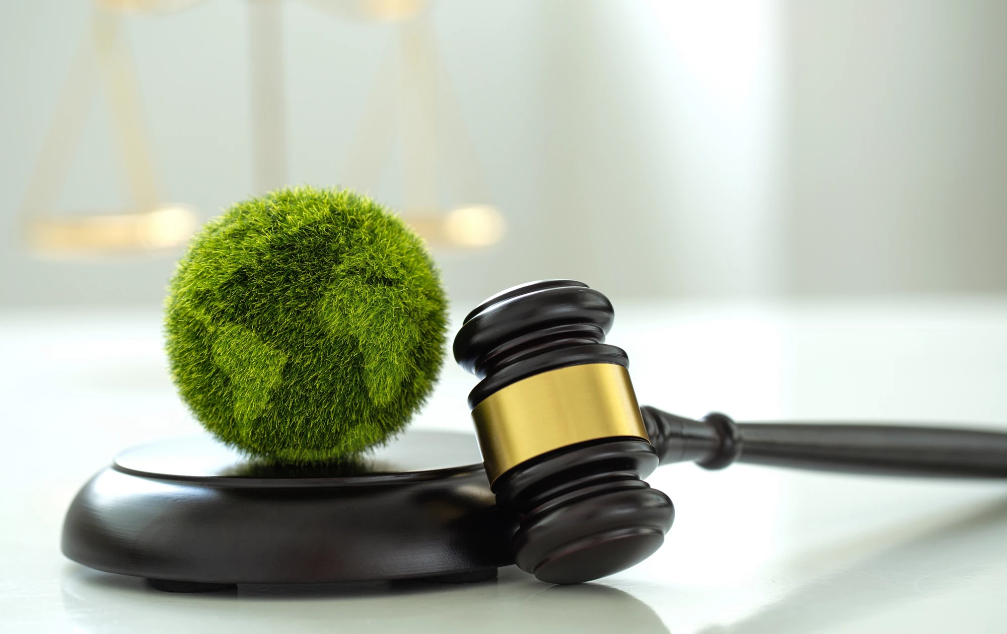 International Law and Environment Law. Green World and gavel with scales of justice. law for global economic regulation aligned with the principles of sustainable environmental conservation. Esg