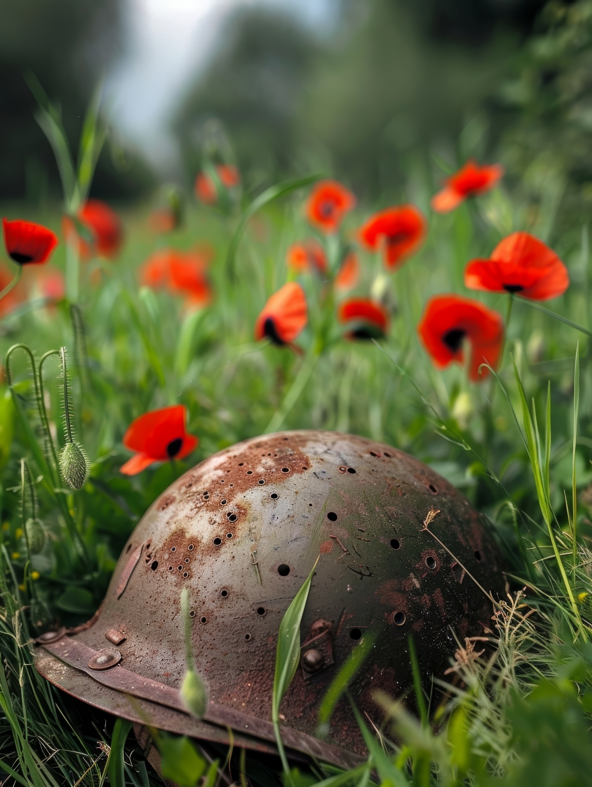 A vintage military helmet lies abandoned in a field, surrounded by vivid red poppies and green grass, symbolizing remembrance and the fragility of life against the backdrop of nature's resilience