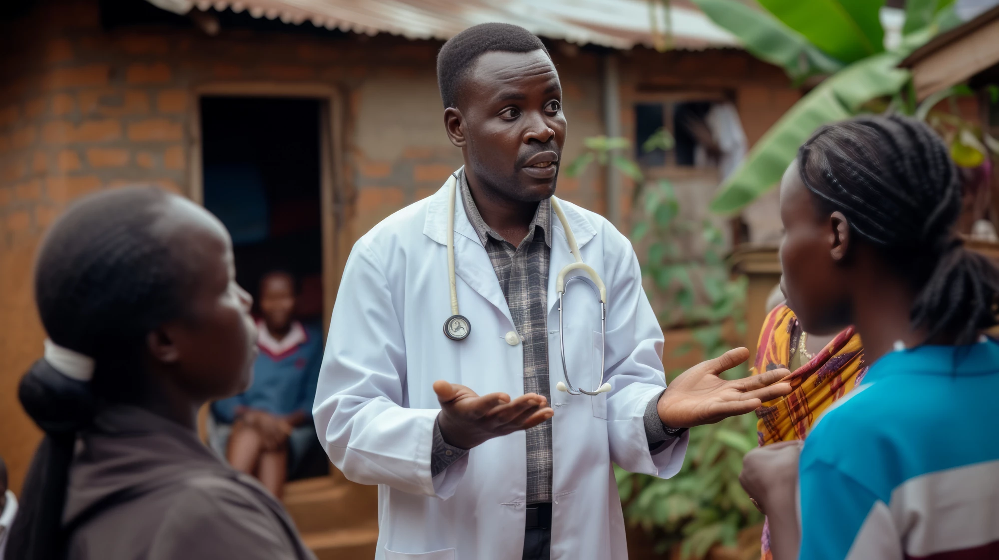 Male doctor in a white coat and stethoscope talks passionately with two women in a rural african village, emphasizing healthcare support and collaboration in underserved communities