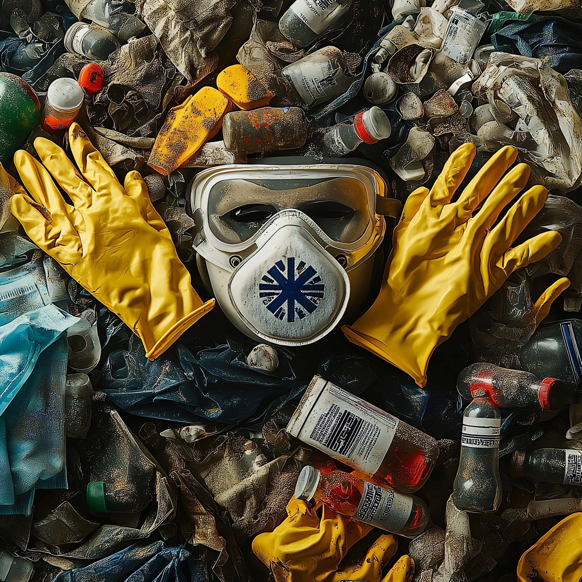 Contaminated medical waste is scattered across ground, showcasing hazardous environment. Protective gloves and mask are prominently displayed, emphasizing need for safety.