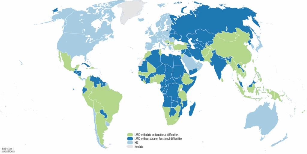 Countries with datasets with and without functional difficulty questions