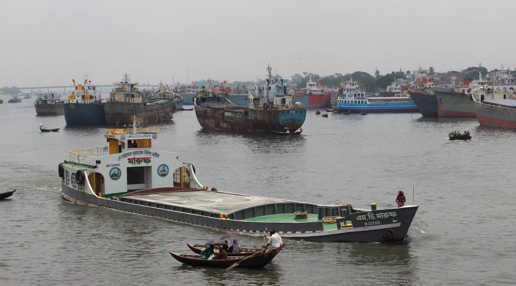 Container vessels docked at Pangaon river port outside Dhaka, Bangladesh.