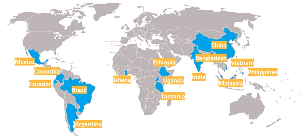 Countries covered by the Bloomberg Philanthropies Initiative for Global Road Safety 2020-2025