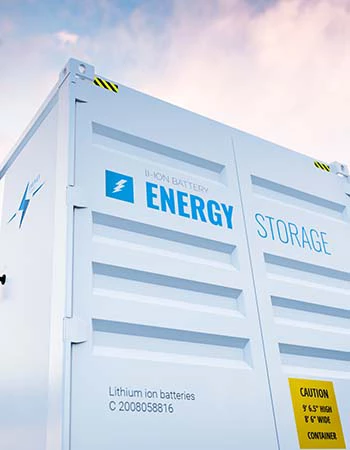 Conceptual image of a modern battery energy storage system with wind turbines and solar panel power plants in background. 3d rendering