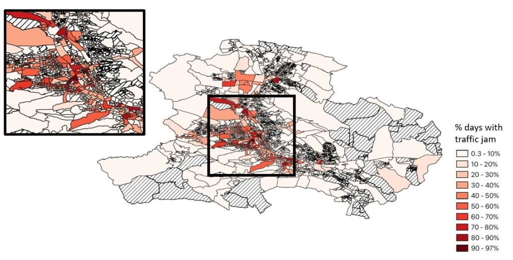 Selected report?s result showing that traffic congestion is extremely high in the center of Tbilisi (Red=more traffic).