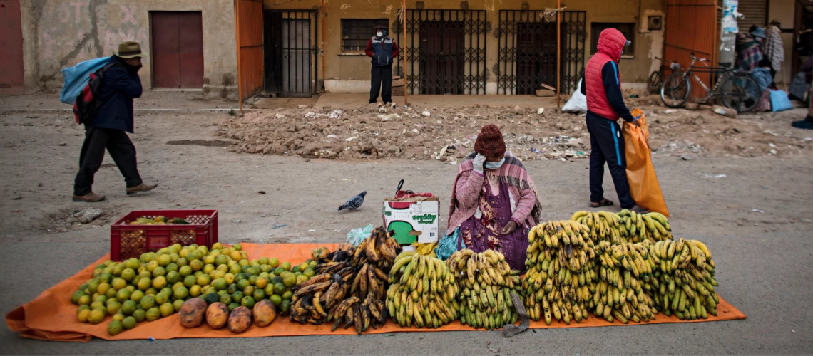 A woman sells fruit on the ground on a street in Patacamaya, Bolivia