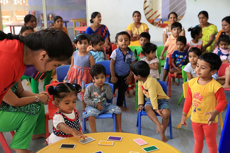 Children play games and have class exercises at Little Critters daycare center at Mindtree in Bangalore, India on July 28, 2017. MIndtree is one of the few employers in India who offers onsite daycare for the employees children.