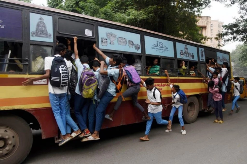 A photo of school children in a bus