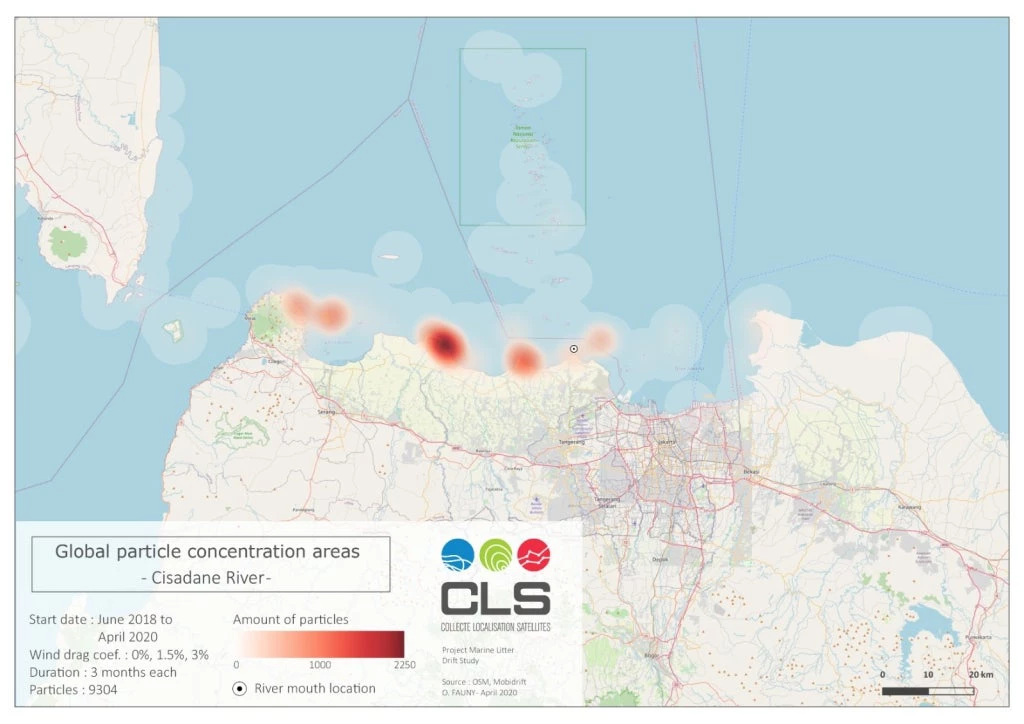 Maps showing plastic accumulation spotsparticle concentration areas based on particle drift simulations conducted from June 2018 to March 2020. The red dots in the maps are spots where the plastic particles accumulatethe plastic accumulation areas, while the intensity of the dots reflects the number of particles. Source: CLS Argos Indonesia