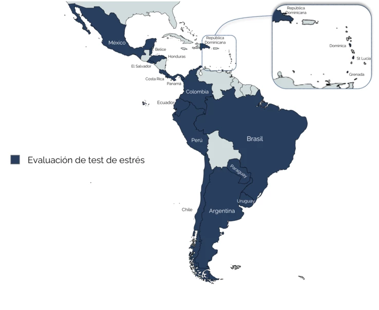 Mapa de los aíses de América Latina y el Caribe incluidos en las evaluaciones de los tests de estrés de Protección Social