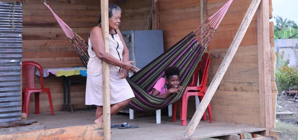 A photo of an elderly woman standing next to a boy in a hammock.
